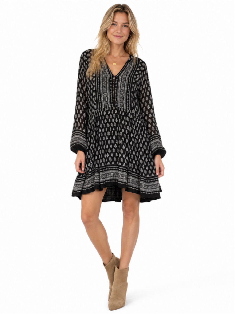 Relativity Black & White Paisley Long Sleeve Boho Dress L
